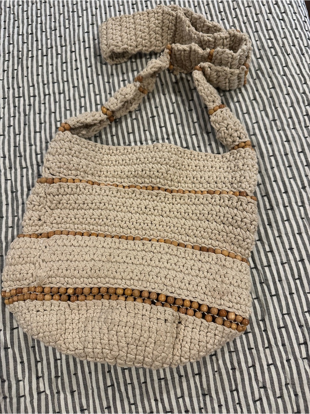 Free People Cream Crochet Shoulder Bag with Wooden Bead Trim